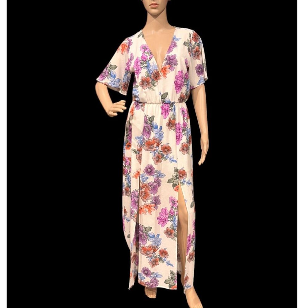 CRYSTAL SKY White Floral Maxi V-Neck Back Cutout Flutter Sleeve Boho Dress Sz 7